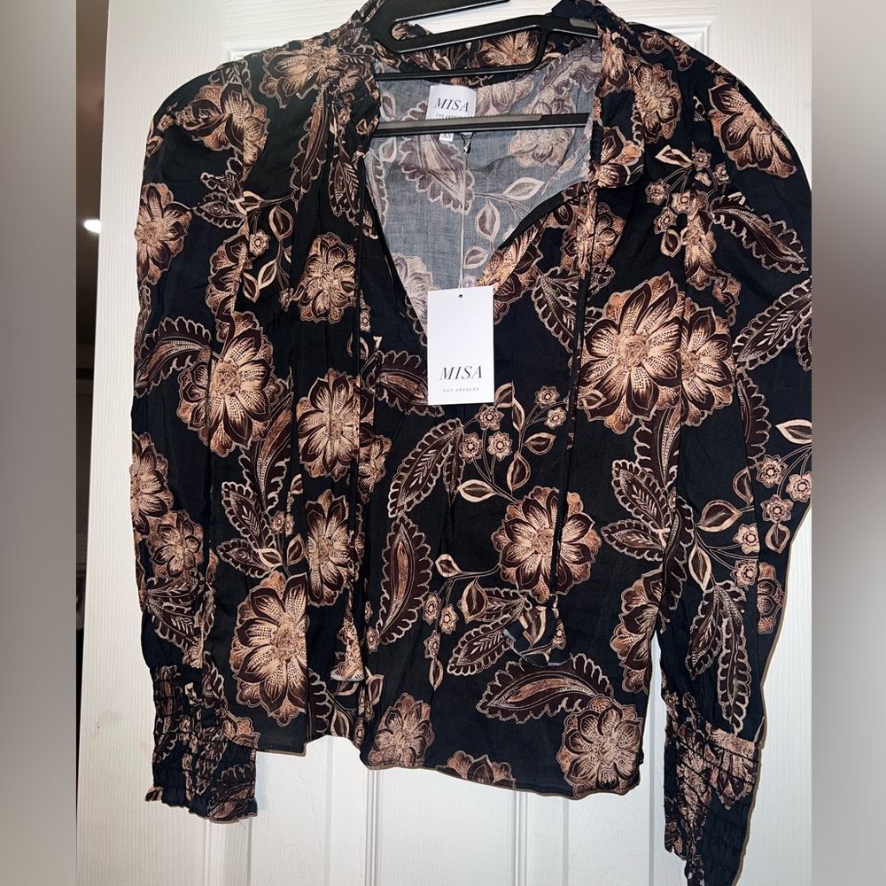 Misa Los Angeles Black and Brown Floral Blouse